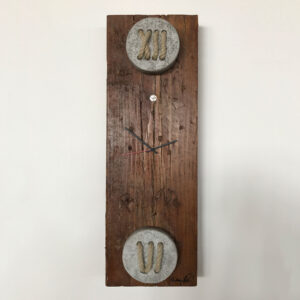rectangular wall clock in wood, concrete and rope numbers